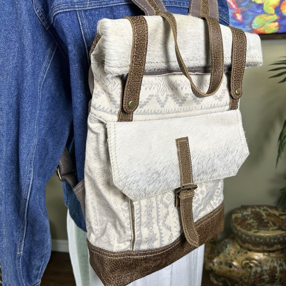 Myra Bag Backpack Hair on Hide, Leather , Canvas Foldover top - - Picture 4 of 11
